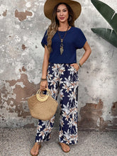 EMERY ROSE Women Solid Color Round Neck Short Sleeve Top And Flower Print Wide Leg Pants Set For Summer